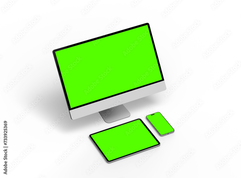 3D Render of smartphone tablet desktop with green screens on a light background 3D Render of smartphone tablet desktop with green screens on a light background