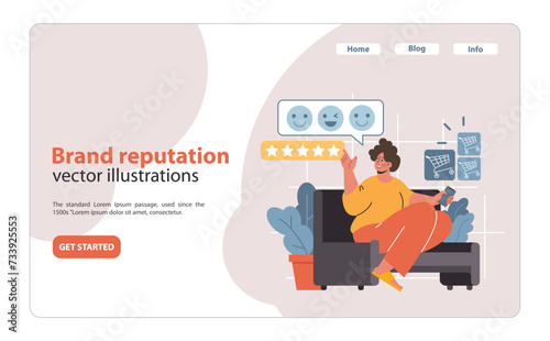 A contented customer gives a five-star rating on her phone, reflecting the high brand reputation built through strategic native advertising and positive user experiences.