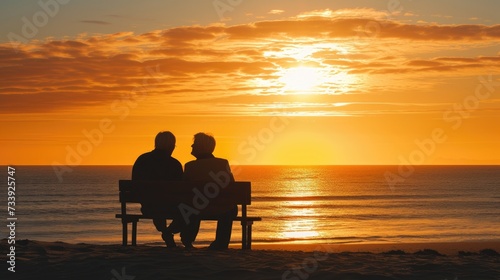 Elderly Couple Together Enjoying Sunset on Beach Bench