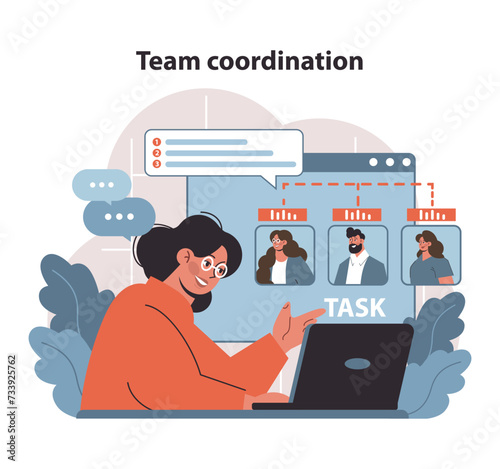 Team Coordination and Task Management. Project leader orchestrates team efforts, assigning roles for efficient workflow. Flat vector illustration.