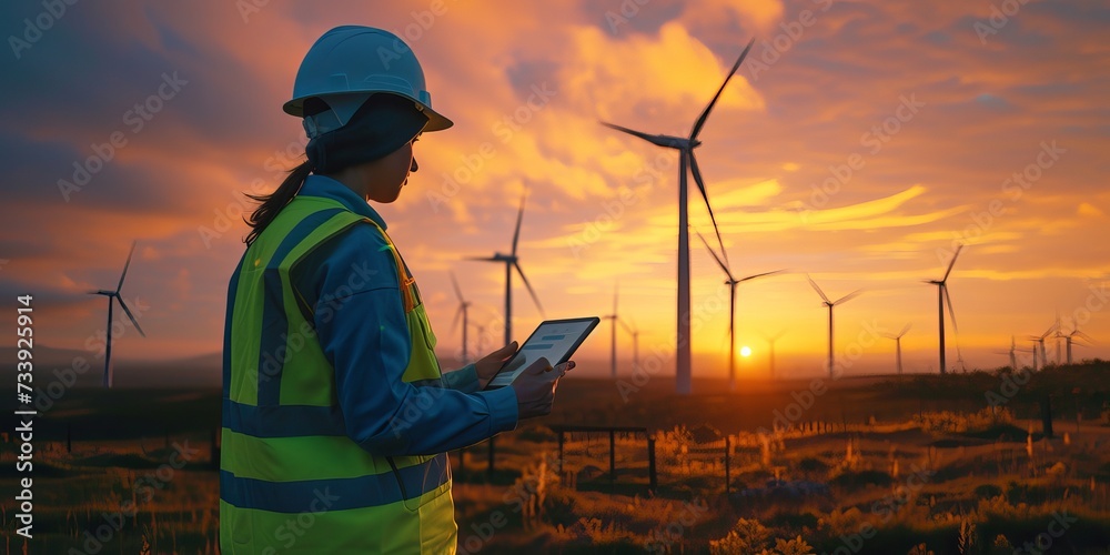 Engineer Inspecting Wind Turbines With Tablet Engineer Inspecting Wind Turbines With Tablet