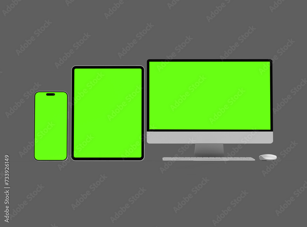 3D Render of smartphone tablet desktop with green screens on a dark background 3D Render of smartphone tablet desktop with green screens on a dark background