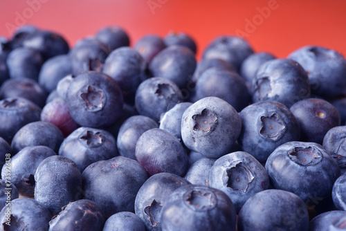 Close up photograph of raw unwashed blueberries on bright colour background. Texture of blueberry. Blueberries are a nutritious, delicious food. Healthy organic eating concept. 