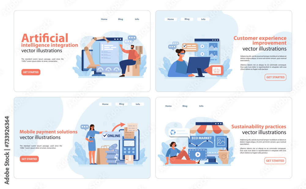 Retail Tech Illustration Set. Insightful AI integration, customer experience, mobile payment solutions, and sustainability in retail. Flat vector illustrations.