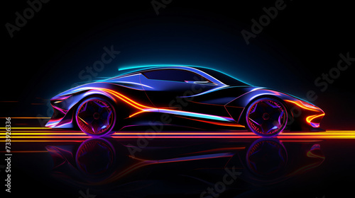 Side view neon glowing sports car silhouette.
