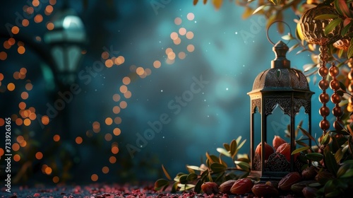 Low light photo of Lantern, fruit dates and rosary beads for Ramadan and Eid greetings, realistic, HD, copy space - generative ai