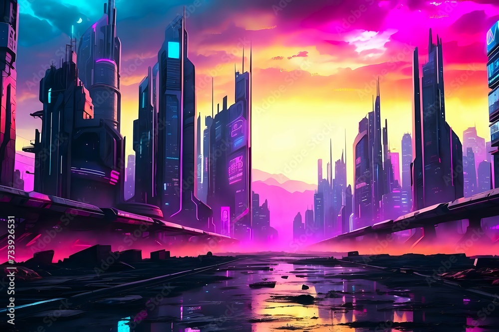 Beautiful Cyberpunk Cityscape with a sunset, Glitchy Animation style | Cyberpunk Wallpaper/Background | Neon Effect