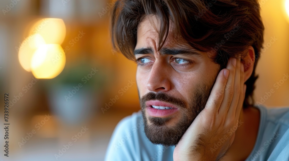 Man Experiencing Severe Toothache Pain Touching Jaw. Man Experiencing Severe Toothache Pain Touching Jaw.