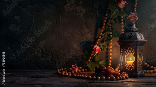 Low light photo of Lantern, fruit dates and rosary beads for Ramadan and Eid greetings, realistic, HD, copy space - generative ai © Nia™