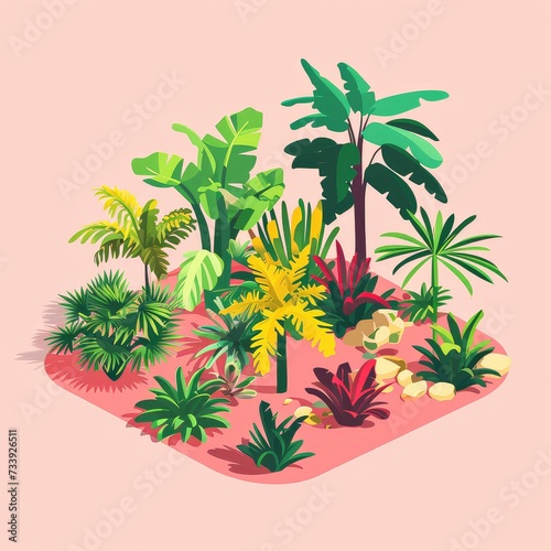 Flat Illustration of Isometric Garden Isolated on Pink Background