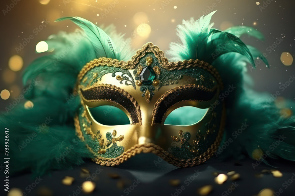 Carnival mask with green feathers on abstract blurred background.