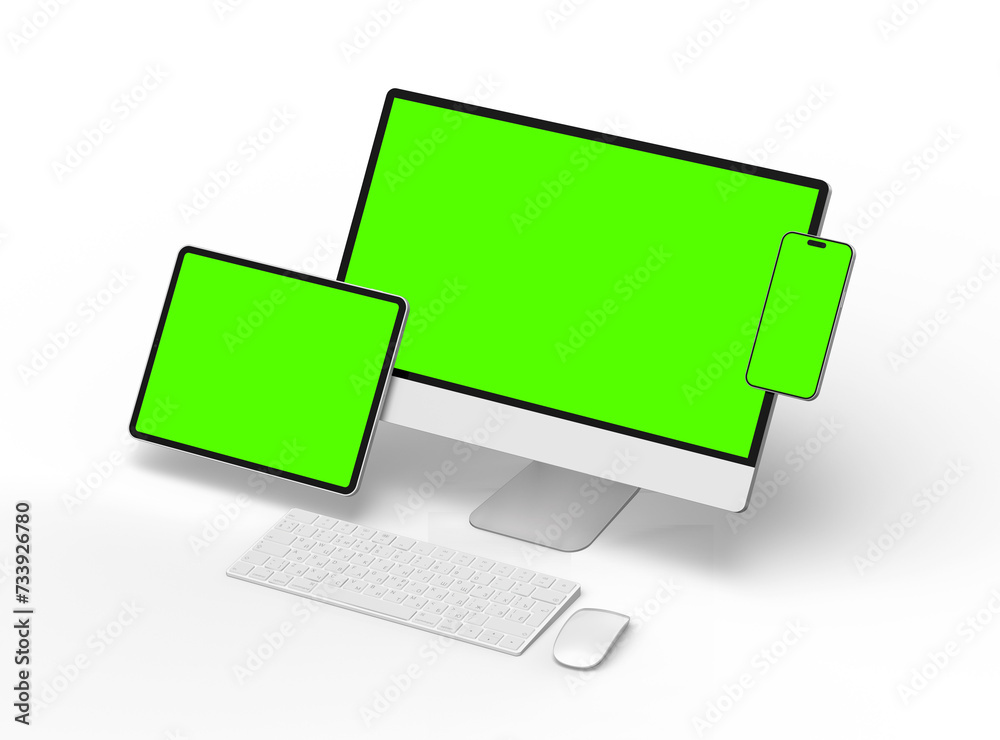 3D Render of smartphone tablet desktop with green screens on a transparent background 3D Render of smartphone tablet desktop with green screens on a transparent background