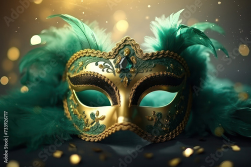 Carnival mask with green feathers on abstract blurred background.