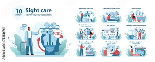 Sight Care Vector Set. Comprehensive eye health guidance with icons for regular check-ups, UV protection, exercises, lighting, and equipment use. Flat vector illustration.