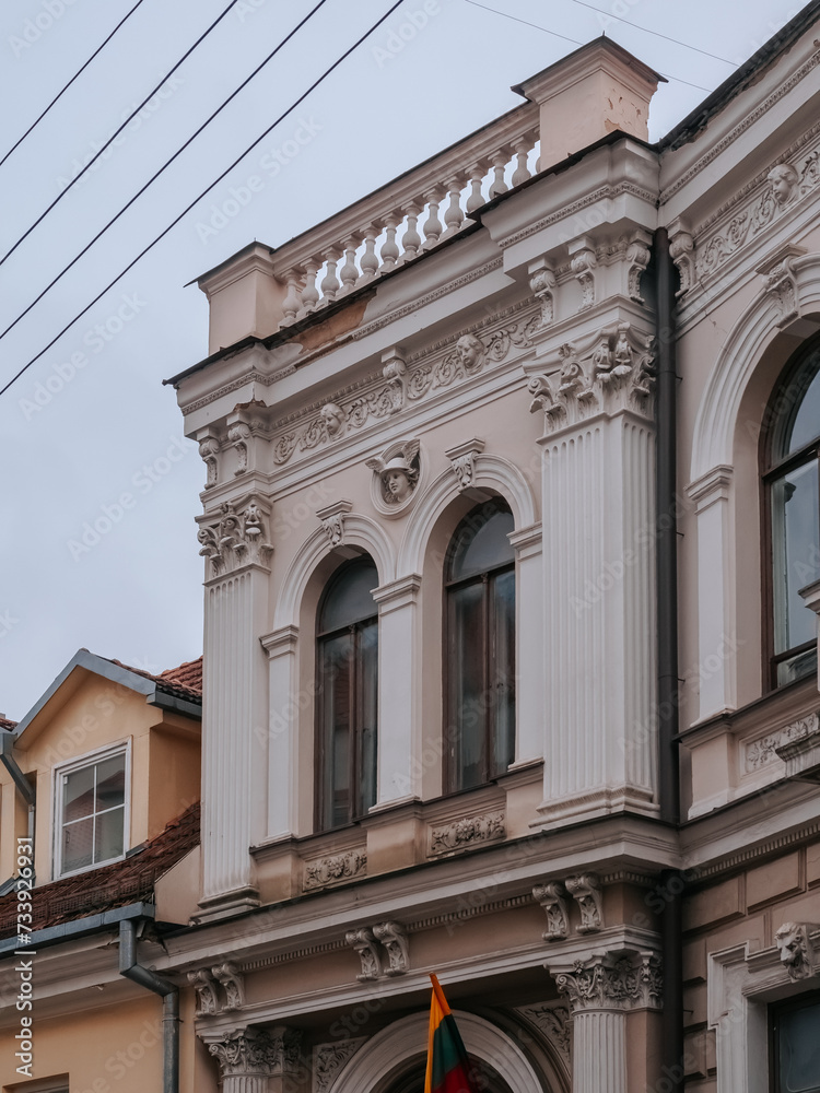Facade of a house in the old town. Old architecture of Vilnius