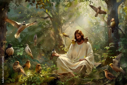 A painting of Jesus seated in a meadow, teaching, with a variety of birds perched on his shoulders and small animals gathered at his feet. © Attila
