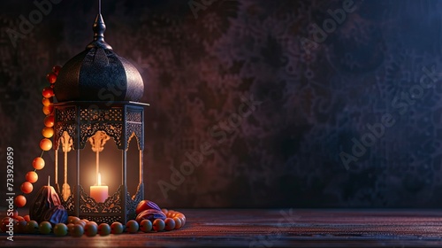 Low light photo of Lantern, fruit dates and rosary beads for Ramadan and Eid greetings, realistic, HD, copy space - generative ai