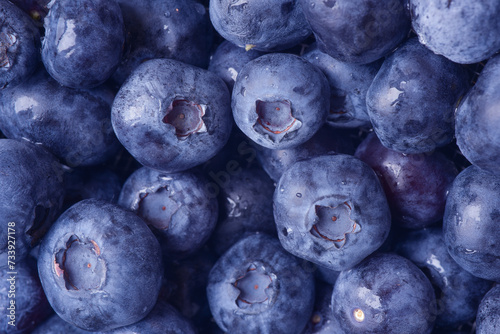 Close up photograph of fresh washed blueberries. Clear sharp details and texture of blueberry. Blueberries are a nutritious, delicious food. Healthy organic eating concept. 