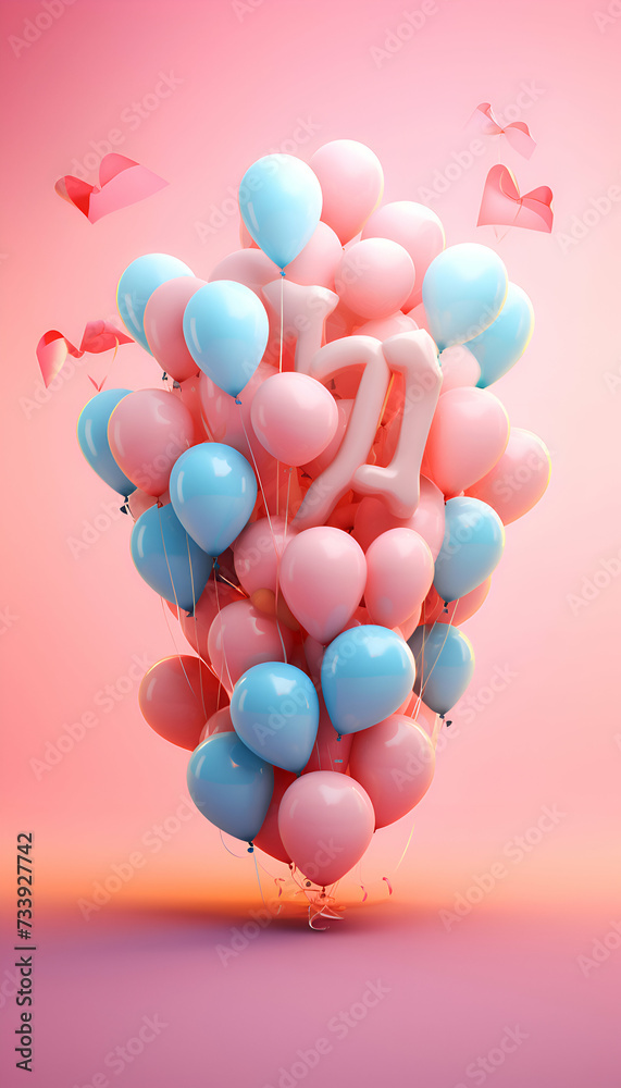 Valentine's Day background with pink and blue heart shaped balloons