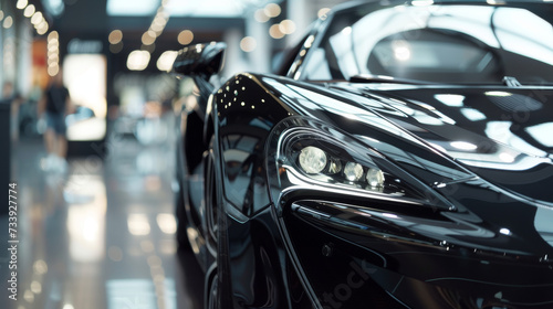 Closeup new black car parked in luxury showroom. Car dealership office. New car parked in modern showroom. Car for sale and rent business. Automobile leasing and insurance background © oldwar