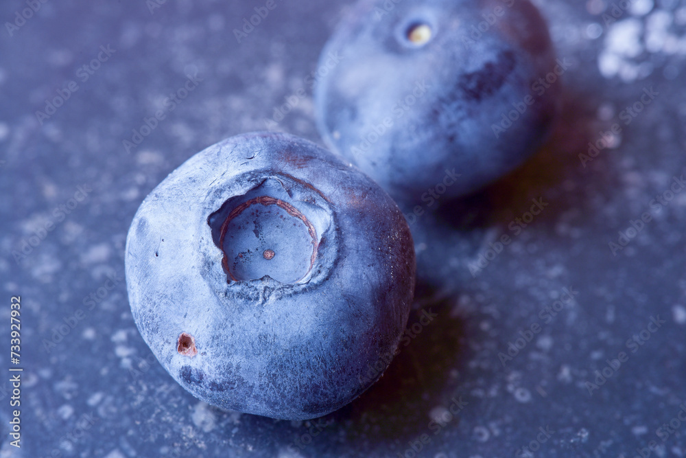 Macro photograph of raw unwashed blueberry. Clear sharp details and texture of blueberry. Blueberries are a nutritious, delicious food. Healthy organic eating concept.