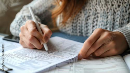 Closeup woman filling form of Individual Income Tax Return,
 photo