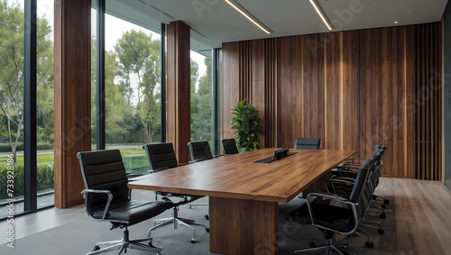 A modern meeting conference room in a contemporary office, accentuated by wooden walls, beautiful office furniture, and a garden view through expansive window glass.