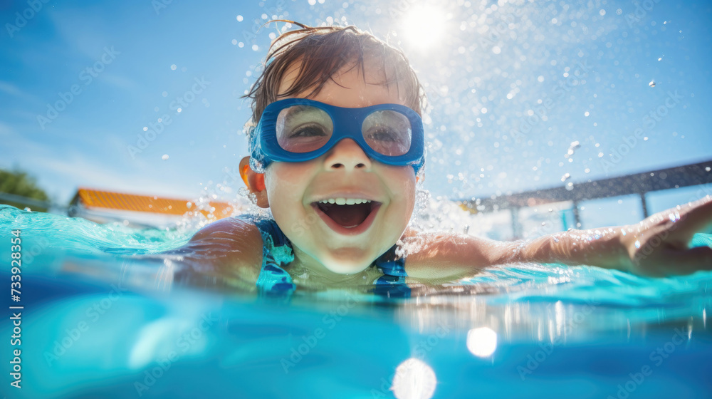 Naklejka premium Joyful child swimming in pool with goggles on sunny day