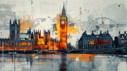 Big Ben and London cityscape double exposure contemporary style minimalist artwork collage illustration. Ai generative.