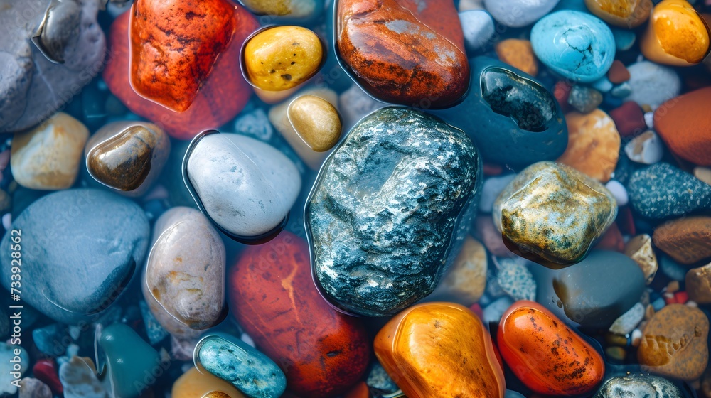 A top view of colorful rock in the water, natural close up photography. Generative AI