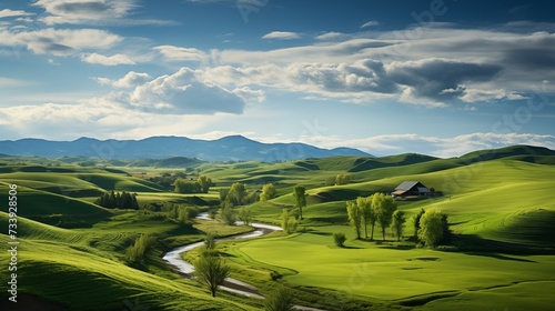 Farm landscape photograph. Sprawling farmland over flowing hills.