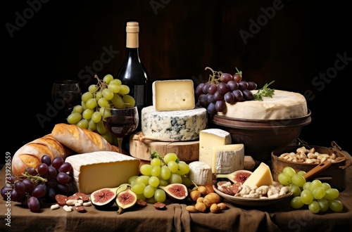 Gourmet cheese board with wine, fresh fruit, and nuts on a rustic table