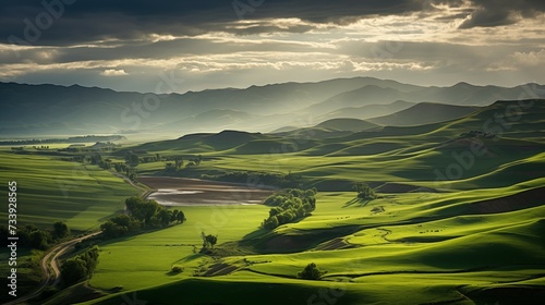 Farm landscape photograph. Sprawling farmland over flowing hills.