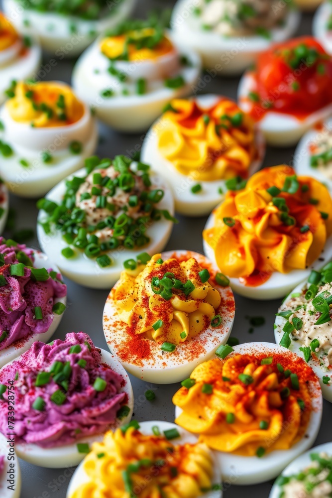 A vibrant display of deviled eggs featuring a variety of toppings and fillings