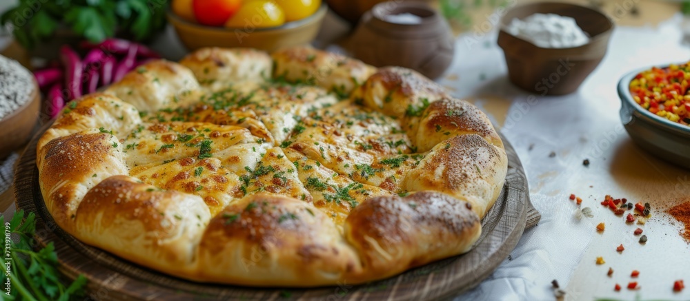 Close-up freshly baked khachapuri - a traditional Georgian cheese-filled bread