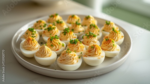 A plate filled with delicious deviled eggs, showcasing their creamy filling and garnished presentation. The eggs are halved and filled with a creamy mixture
