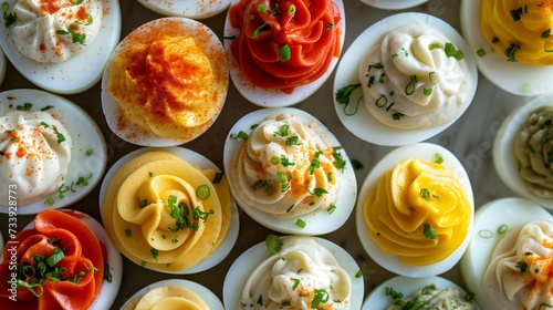 Top view deviled eggs with a variety of toppings and fillings different tastes, colors and textures photo