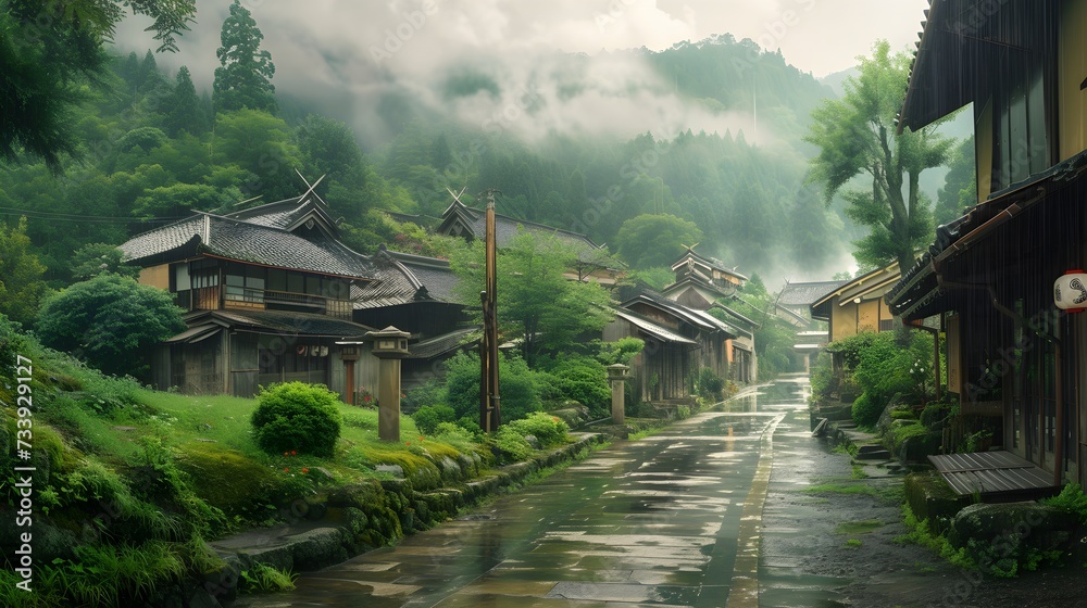 Fototapeta premium A wallpaper background of old traditional village in asia country landscape illustration. Generative AI