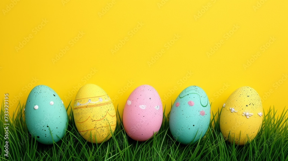 Colorful painted Easter eggs nestled in green grass with a bright yellow background with space for text. Playful and vibrant Easter egg decoration for springtime celebration.