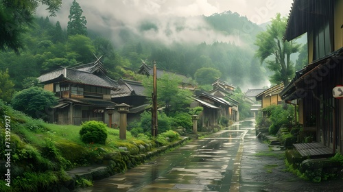 A wallpaper background of old traditional village in asia country landscape illustration. Generative AI © Alice a.
