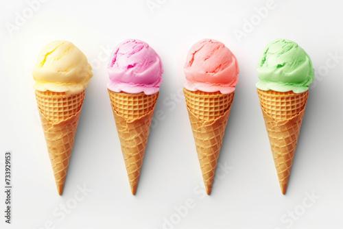 Colorful ice cream cones in a row on white background
