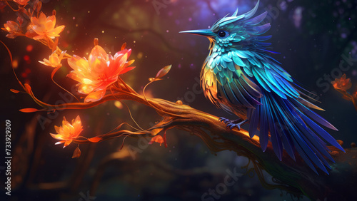 A vividly colored bird with iridescent feathers perches among glowing flowers on a fantastical branch, mystical birds concept © Yumona