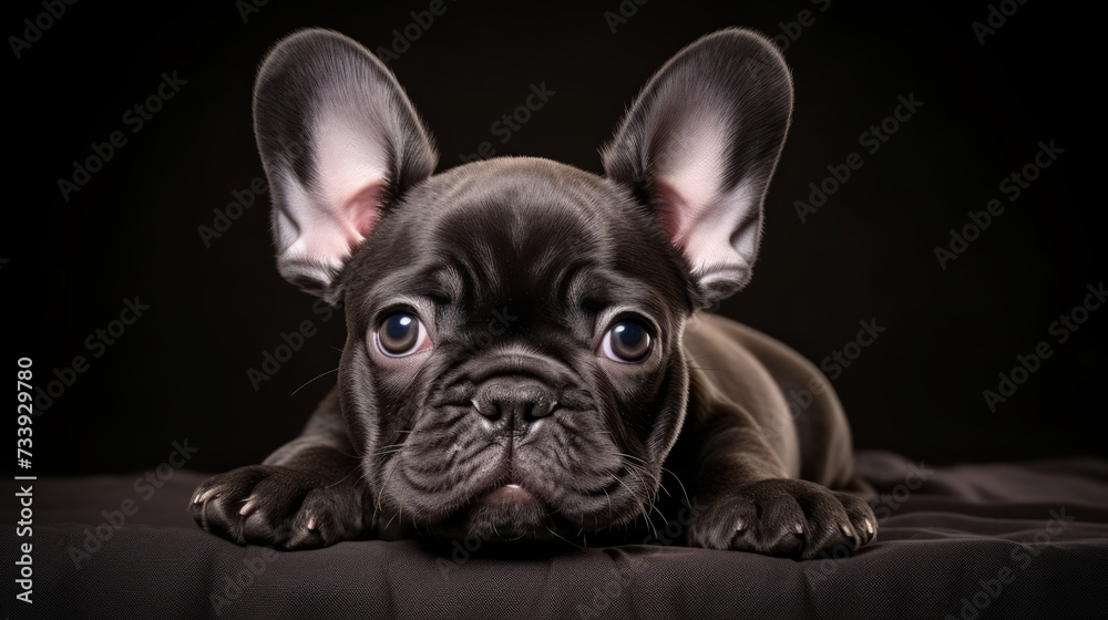 Adorable French bulldog puppy with big ears lying down on dark background