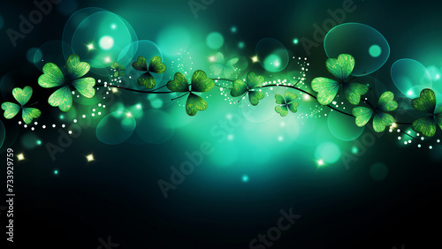 Glowing background with branch on green clover shamrock good luck leaves on dark background with blurred shimmering bokeh, happy saint Patrick's day