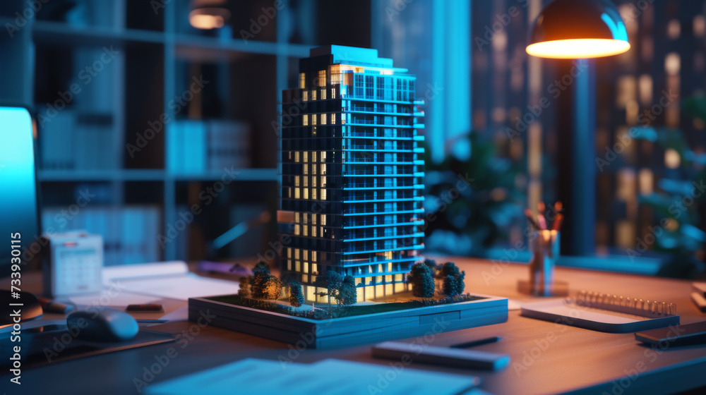 a concept holo 3d render model of a big living house on a table in a real estate agency. signing mortgage contract document. futuristic business. blurry background - obrazy, fototapety, plakaty 