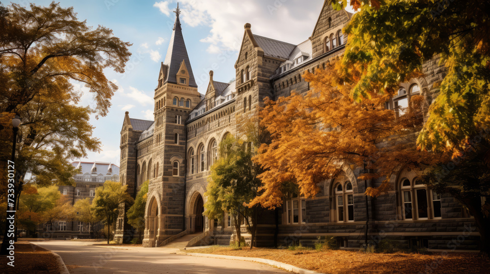 Majestic historical university building surrounded by autumn foliage under a clear sky