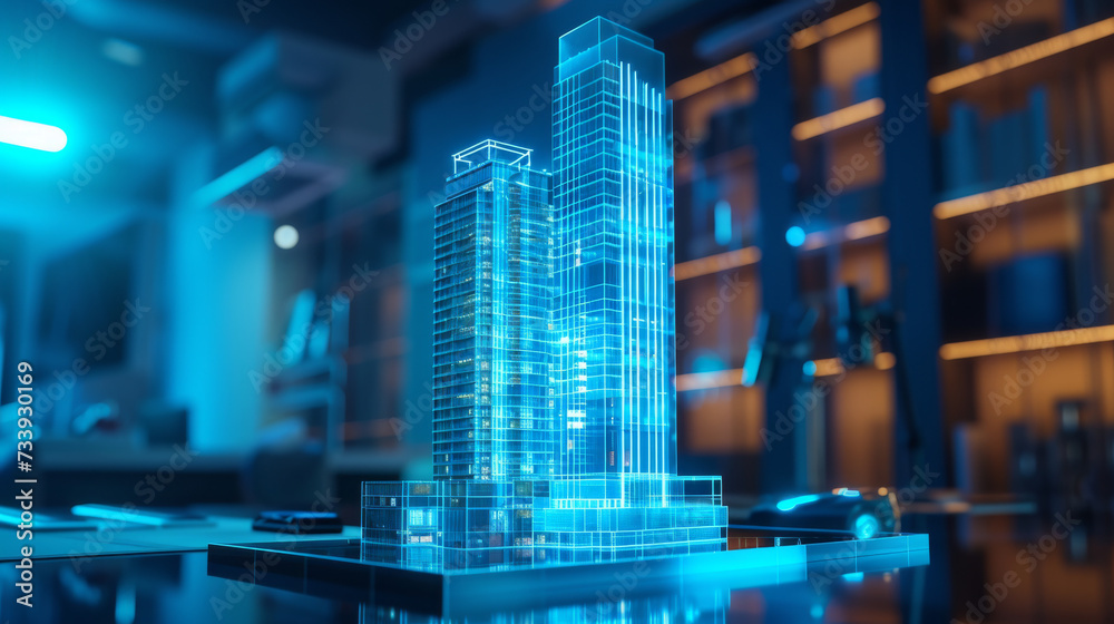 a concept holo 3d render model of a big living house on a table in a real estate agency. signing mortgage contract document. futuristic business. blurry background