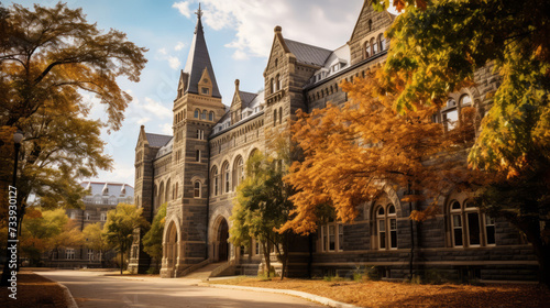 Majestic historical university building surrounded by autumn foliage under a clear sky