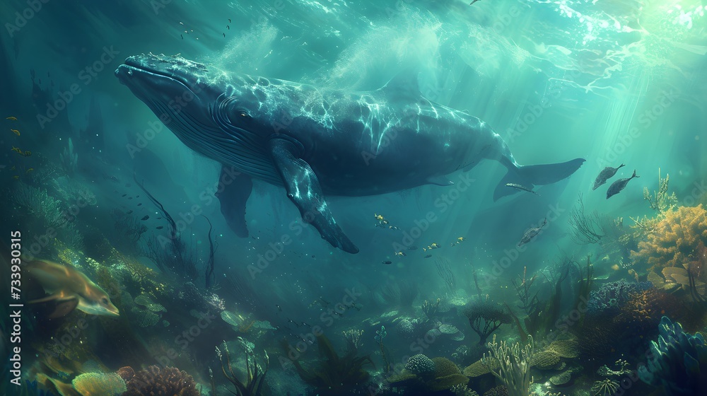 Naklejka premium A whale swims in the deep blue sea among other small fish. Generative AI