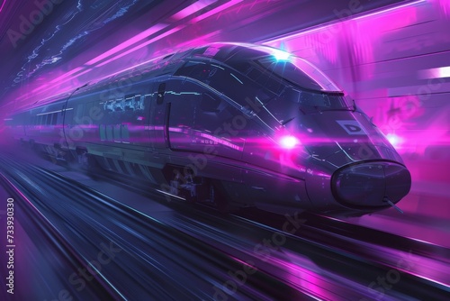 The futuristic train is shown and traveling.